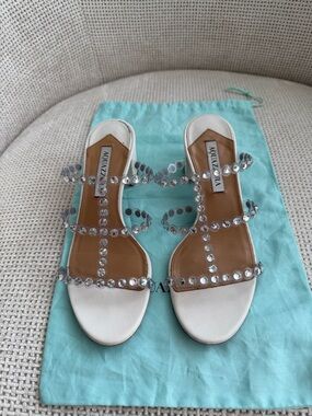 Aquazzura White Crystal-Embellished Open Toe Sandals. Low heel